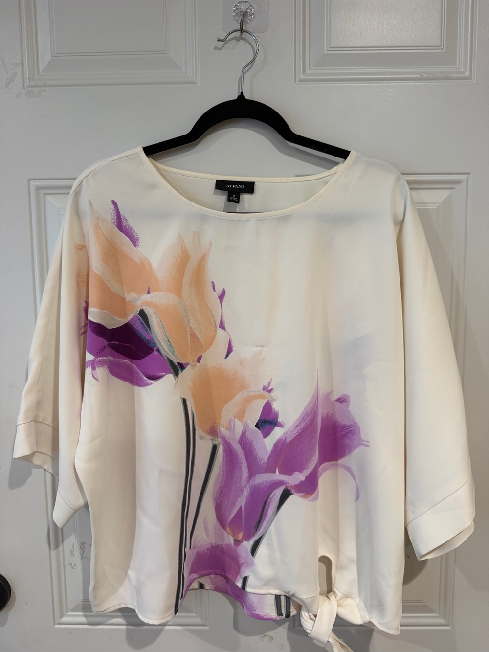 Alfani Cream Floral Tie-Hem Blouse with Peach and Purple Blooms